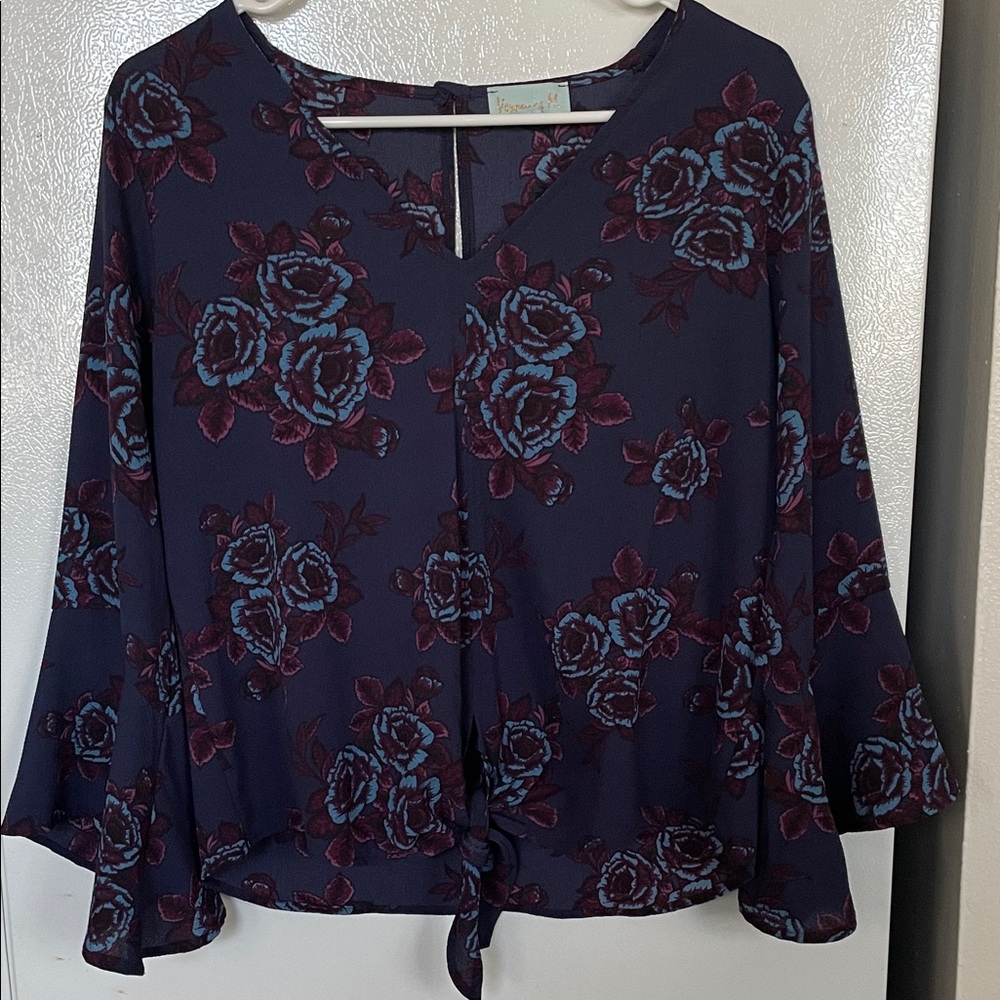 Veronica M XS Navy Blouse with Blue & Burgundy Floral Print